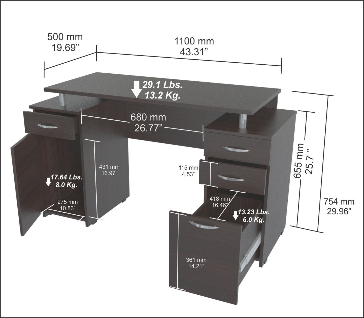 43" Espresso Computer Desk With Four Drawers