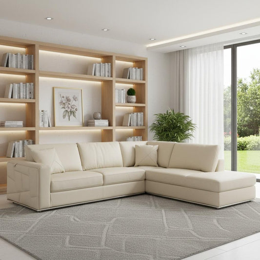 Beige Leather Reclining L Shaped Two Piece Corner Sectional