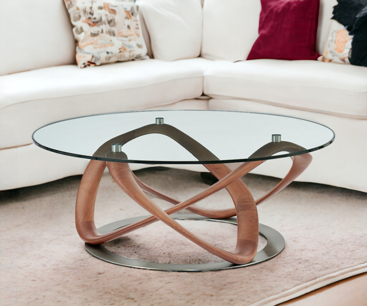 39" Walnut And Clear Glass Abstract Round Coffee Table