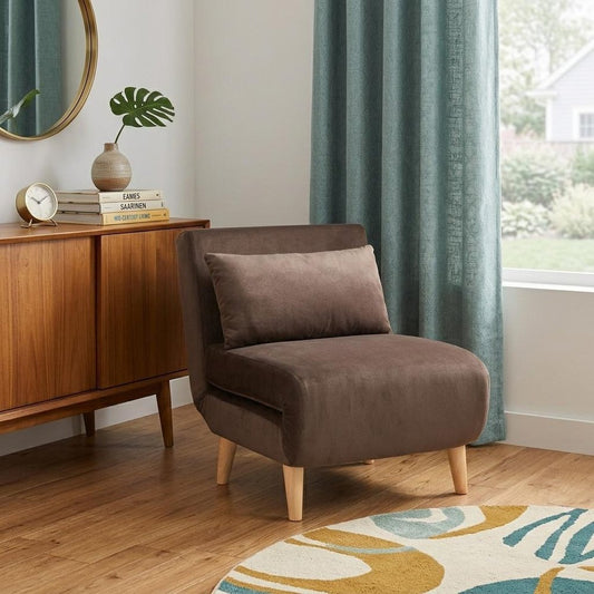 Brown and Natural Upholstered Convertible Chair And Toss Pillow