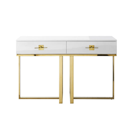 47" White Wood and Gold Stainless Steel Sled Console Table With Two Drawers