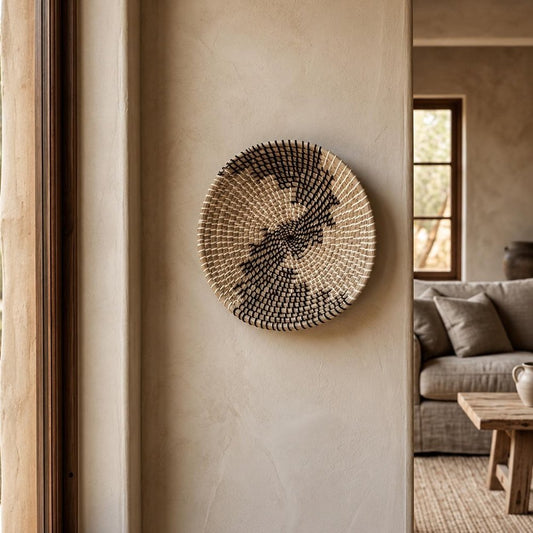 12" X 12" Brown Black And White Round Geo Seagrass Hanging Dimensional Sculpture