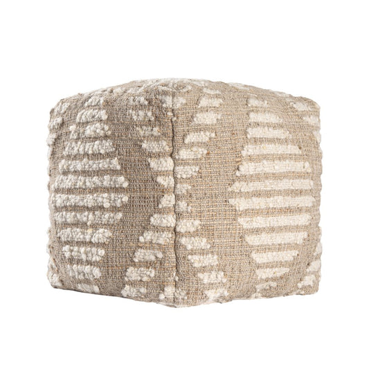 18" Ivory and Natural Cotton Jute And Wool Geometric Cube Pouf Ottoman