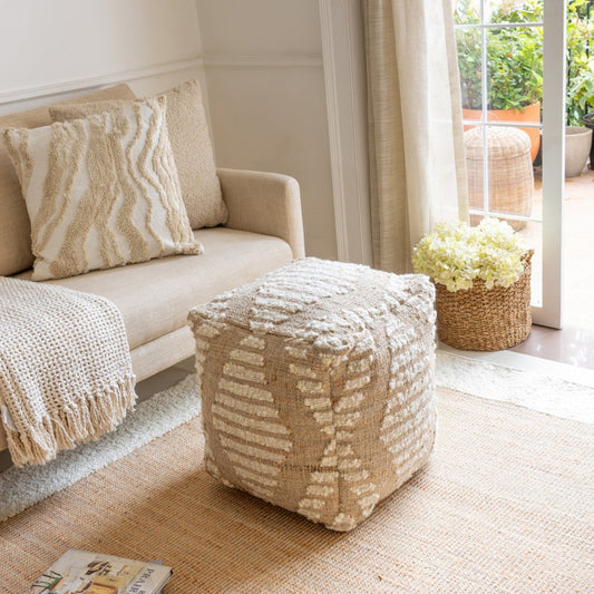 18" Ivory and Natural Cotton Jute And Wool Geometric Cube Pouf Ottoman