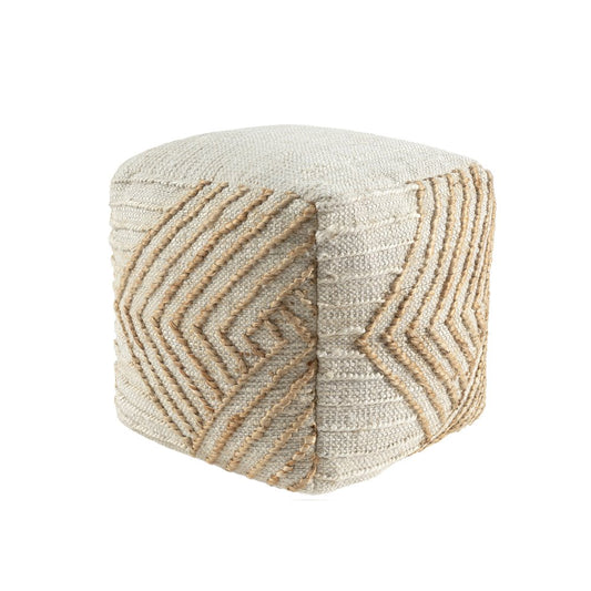 18" Natural and Off White Cotton Jute And Wool Geometric Cube Pouf Ottoman