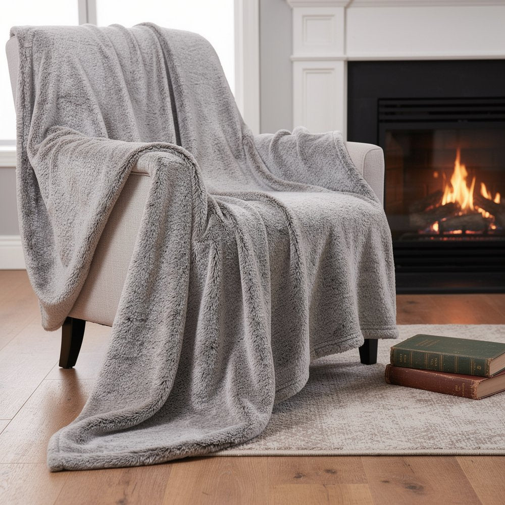 59" X 79" Gray Faux Fur Plush Throw Blanket