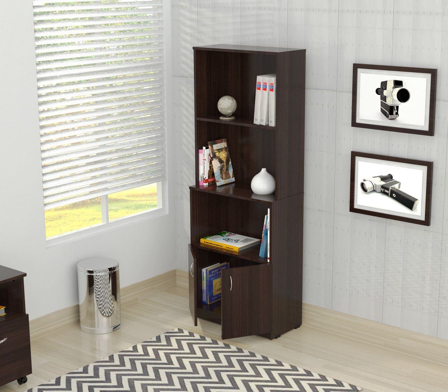 63" Espresso Solid Wood Three Tier Bookcase