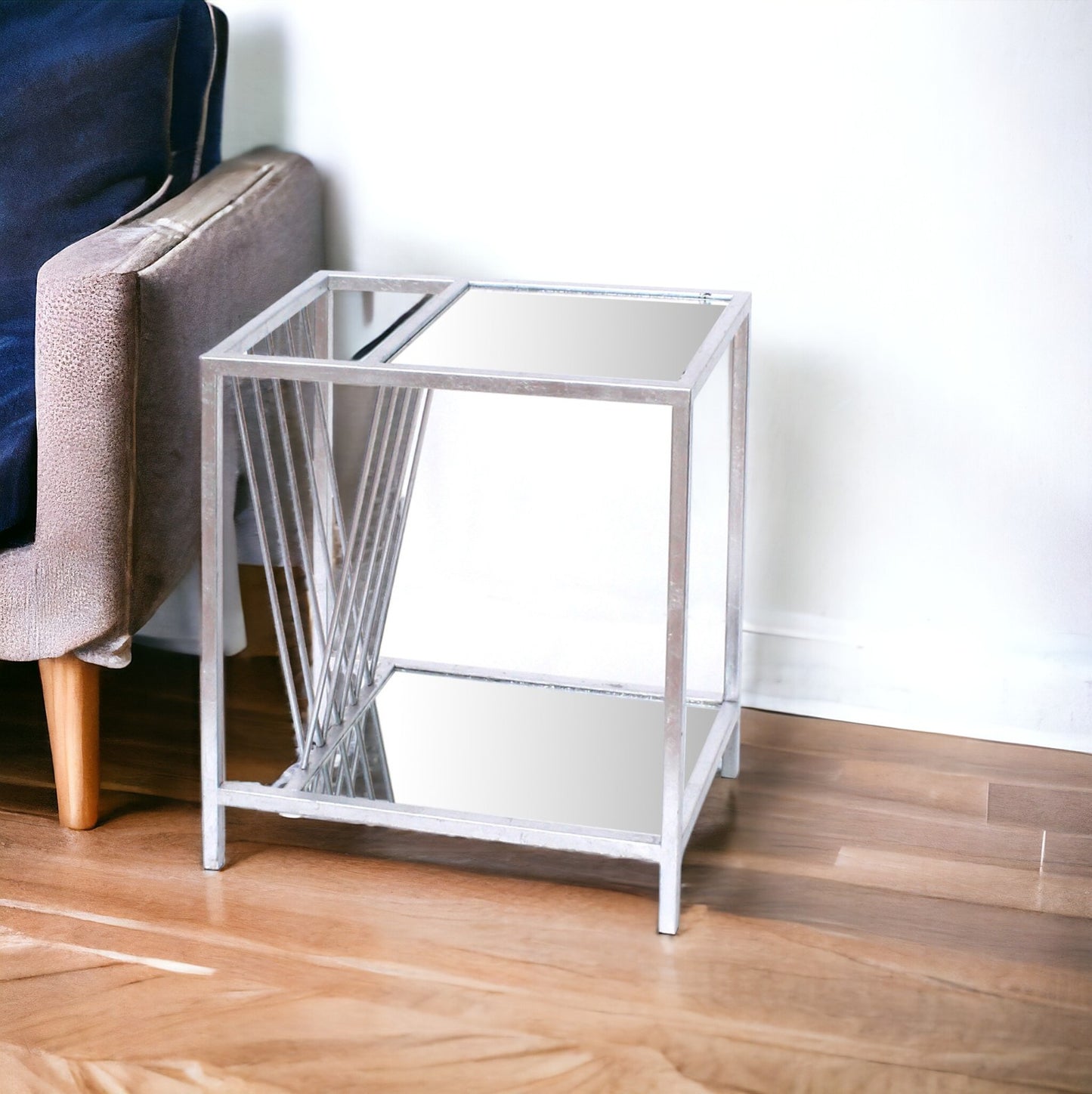 24" Silver Mirrored Glass End Table With Shelf