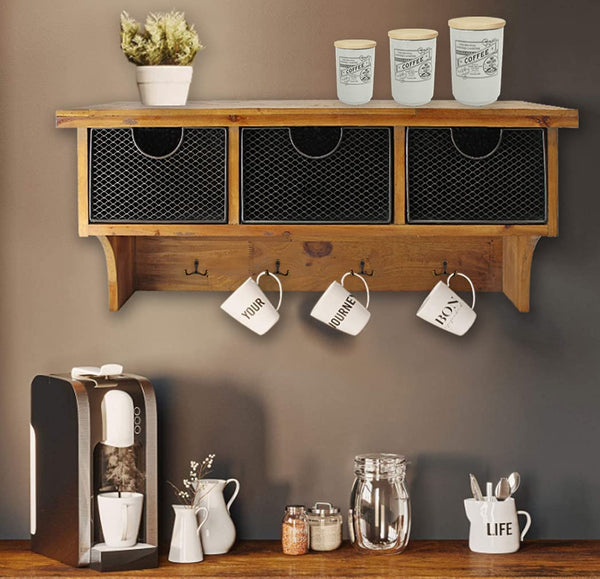 Brown Rustic Wooden Wall Shelf With 3 Drawers And Hooks