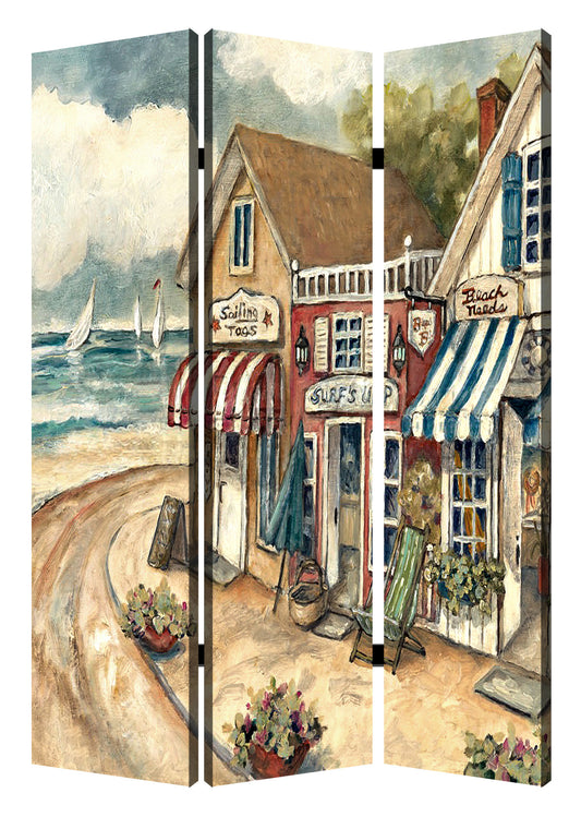 48 X 72 Multi Color Wood Canvas Seaside Town Slate  Screen