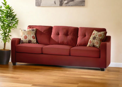 84" Red Linen Sofa And Toss Pillows With Chocolate Legs