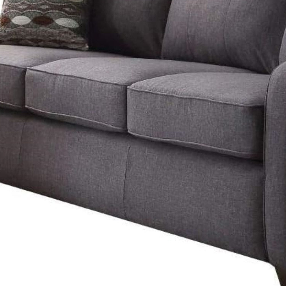 69" Gray Linen Sofa And Toss Pillows With Dark Brown Legs