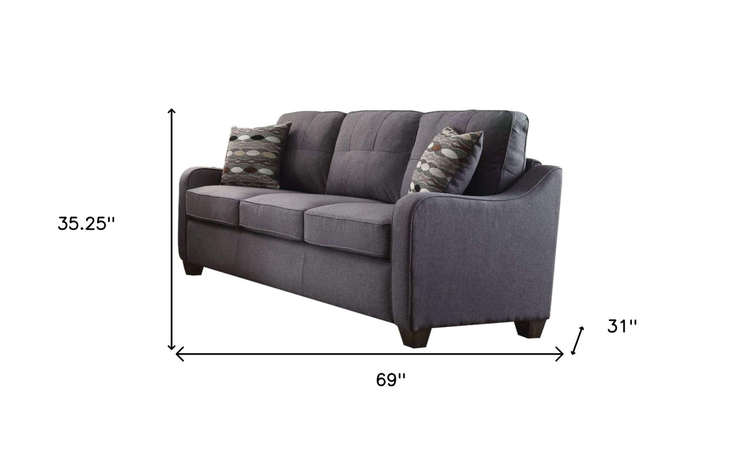 69" Gray Linen Sofa And Toss Pillows With Dark Brown Legs