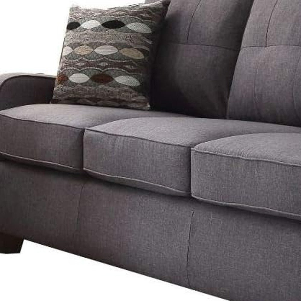 69" Gray Linen Sofa And Toss Pillows With Dark Brown Legs