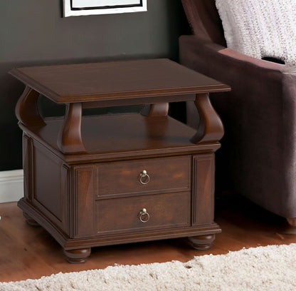 26" Brown Solid Wood Square End Table With Two Drawers And Shelf