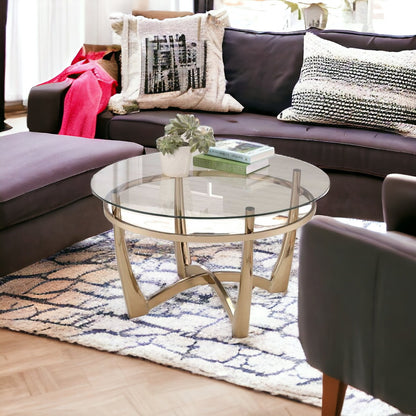 35" Clear And Champagne Glass And Iron Round Coffee Table