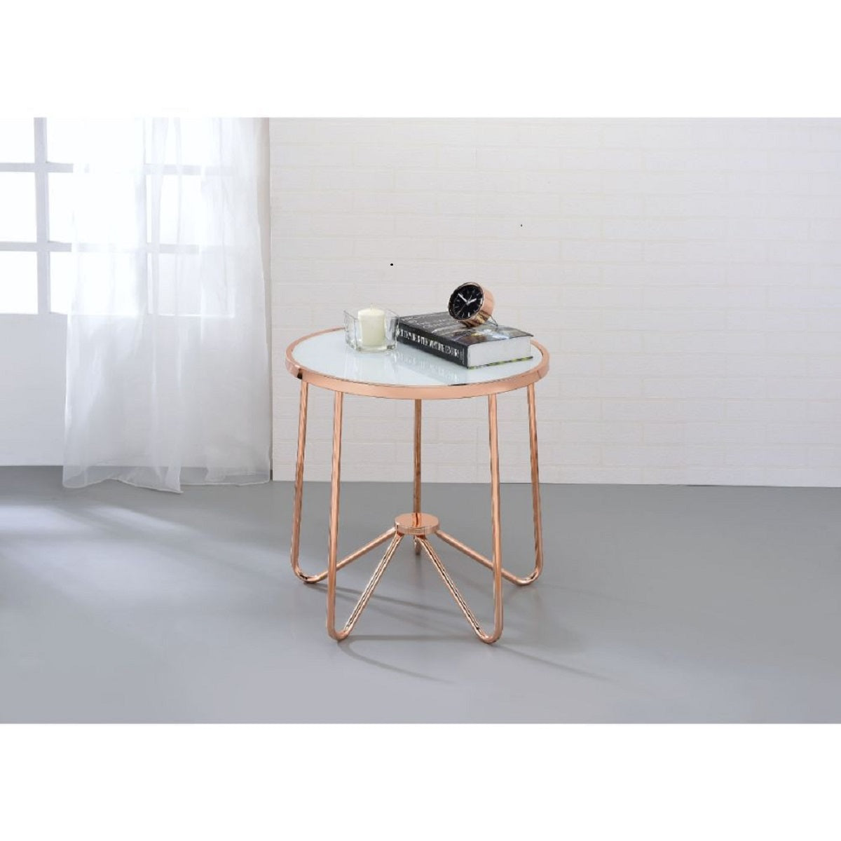 22" Rose Gold And Clear Glass Round End Table