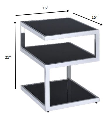 21" Silver And Black Tempered Glass Square End Table With Two Shelves