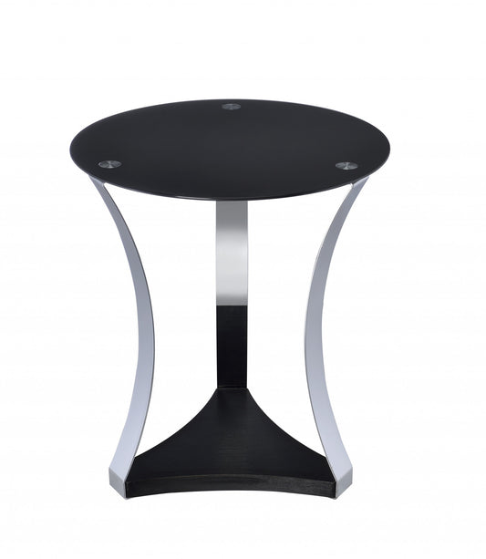 20" Silver And Black Mirrored Glass Round End Table With Shelf