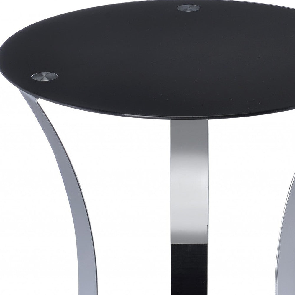 20" Silver And Black Mirrored Glass Round End Table With Shelf