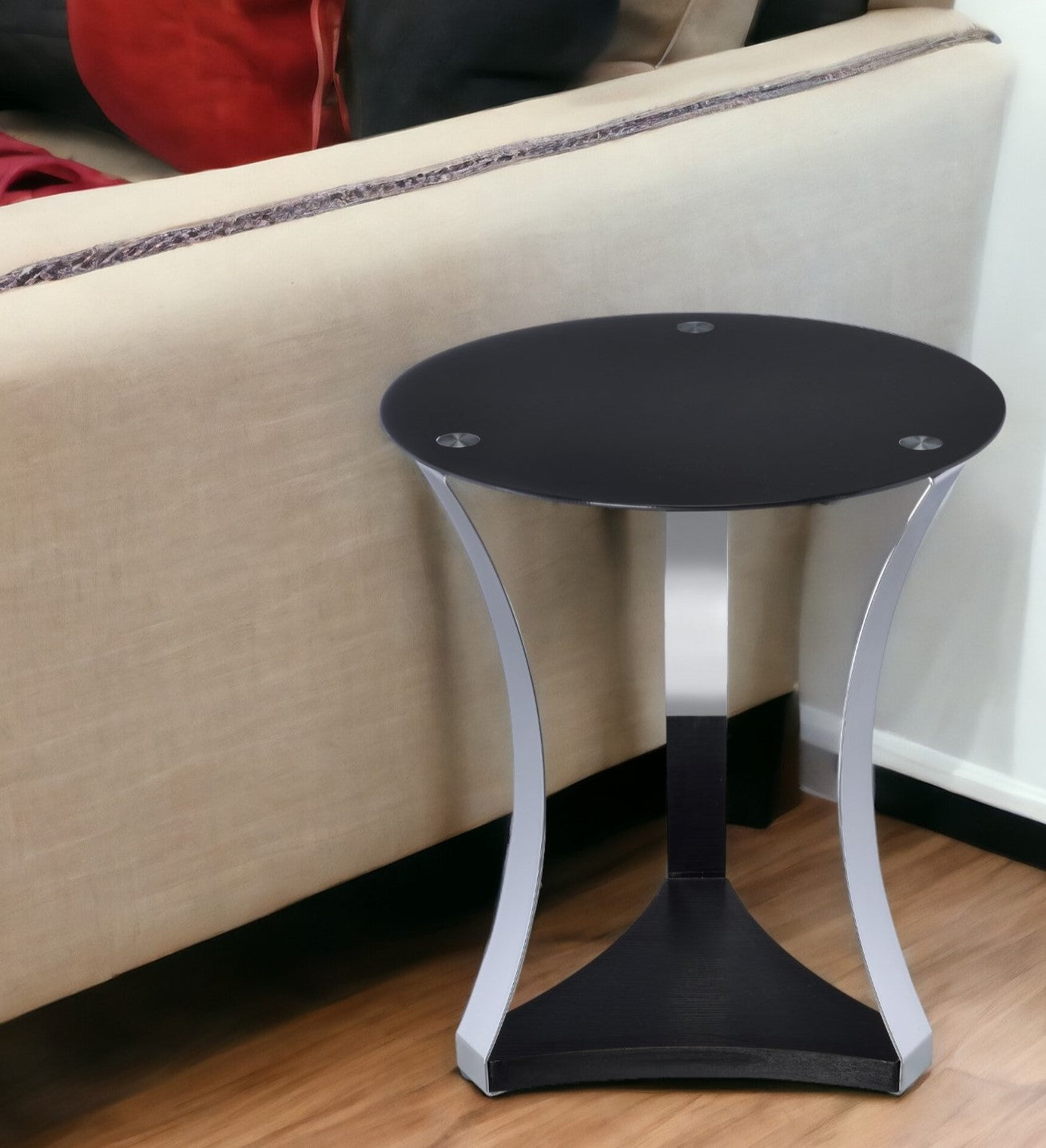 20" Silver And Black Mirrored Glass Round End Table With Shelf