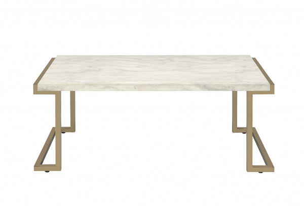 Rectangular Marble Top With Champagne Metal Base Cofee Table