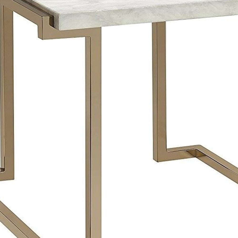 24" Gold And White Faux Marble End Table