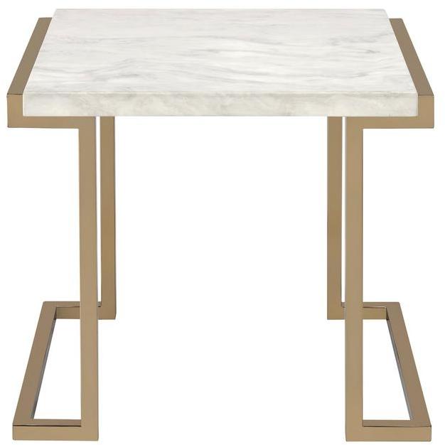 24" Gold And White Faux Marble End Table