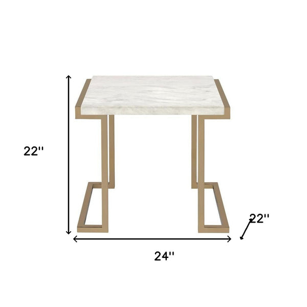 24 Gold And White Faux Marble End Table