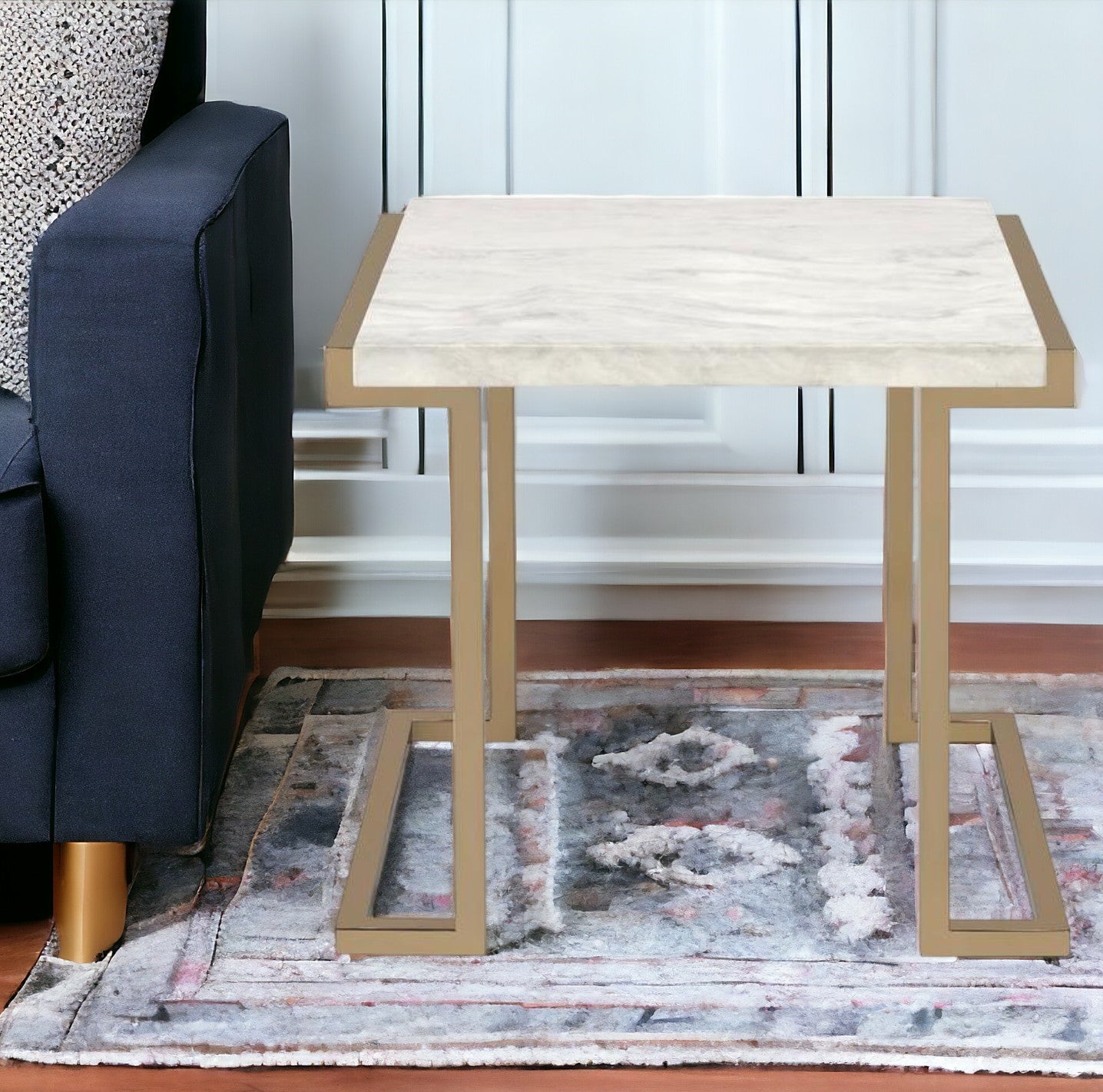 24" Gold And White Faux Marble End Table