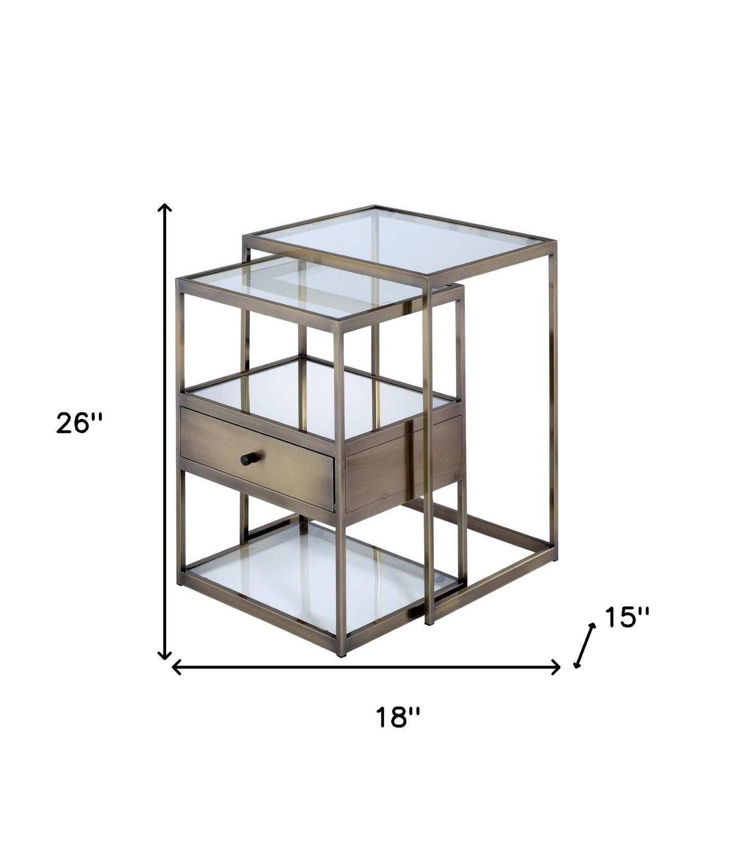 Set of Two 26" Brass And Clear Glass End Table With Drawer And Two Shelves With Magazine Holder