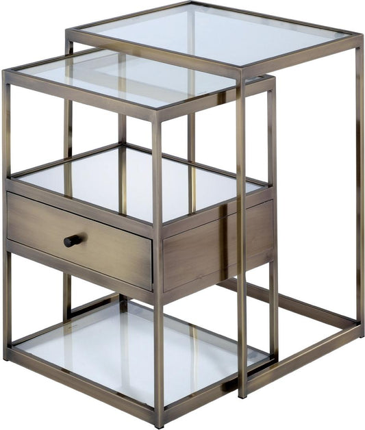 Set of Two 26" Brass And Clear Glass End Table With Drawer And Two Shelves With Magazine Holder