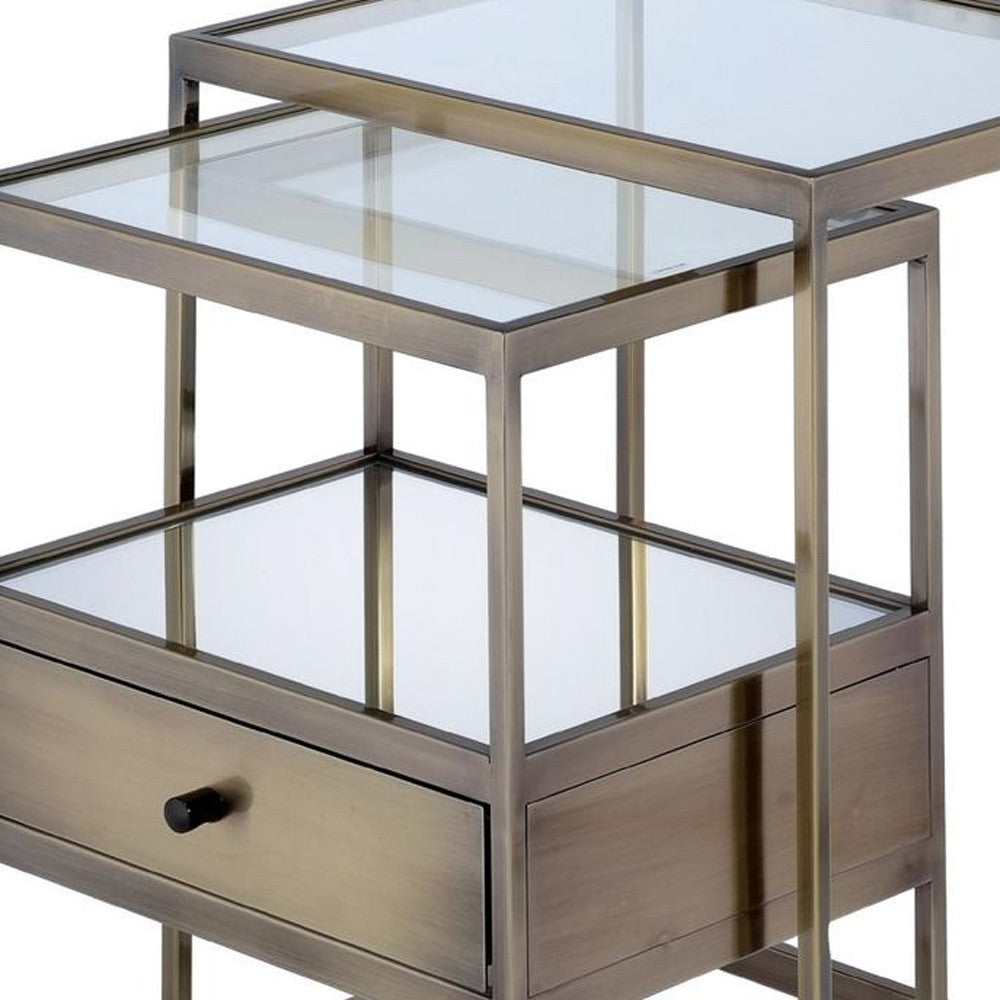 Set of Two 26" Brass And Clear Glass End Table With Drawer And Two Shelves With Magazine Holder