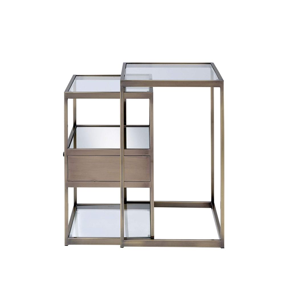 Set of Two 26" Brass And Clear Glass End Table With Drawer And Two Shelves With Magazine Holder