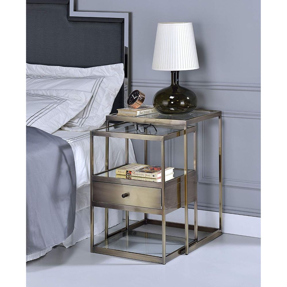 Set of Two 26" Brass And Clear Glass End Table With Drawer And Two Shelves With Magazine Holder