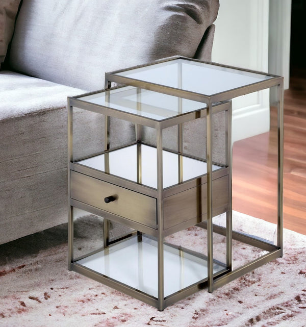 Set of Two 26 Brass And Clear Glass End Table With Drawer And Two Shelves With Magazine Holder