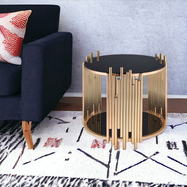 22 Gold And Black Glass Round End Table With Shelf