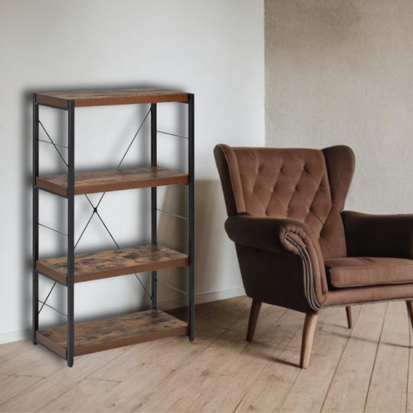 43 Brown and Black Metal and Wood Three Tier Etagere Bookcase