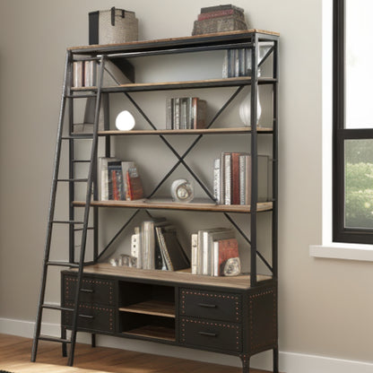 83" Dark Gray Metal and Wood Five Tier Oversized Set Bookcase with Four Drawers