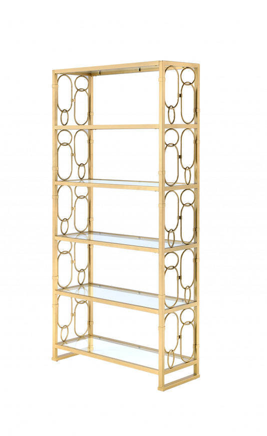 77" Gold Metal and Glass Four Tier Etagere Bookcase