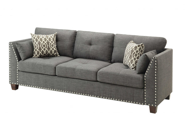 81 Charcoal Linen Sofa And Toss Pillows With Dark Brown Legs