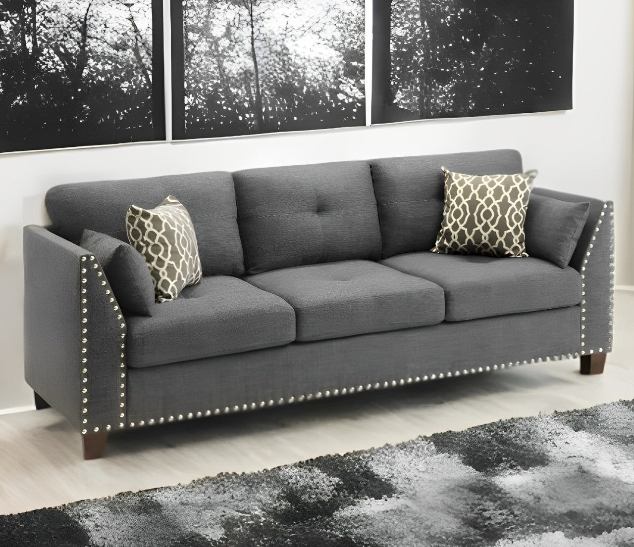 81" Charcoal Linen Sofa And Toss Pillows With Dark Brown Legs