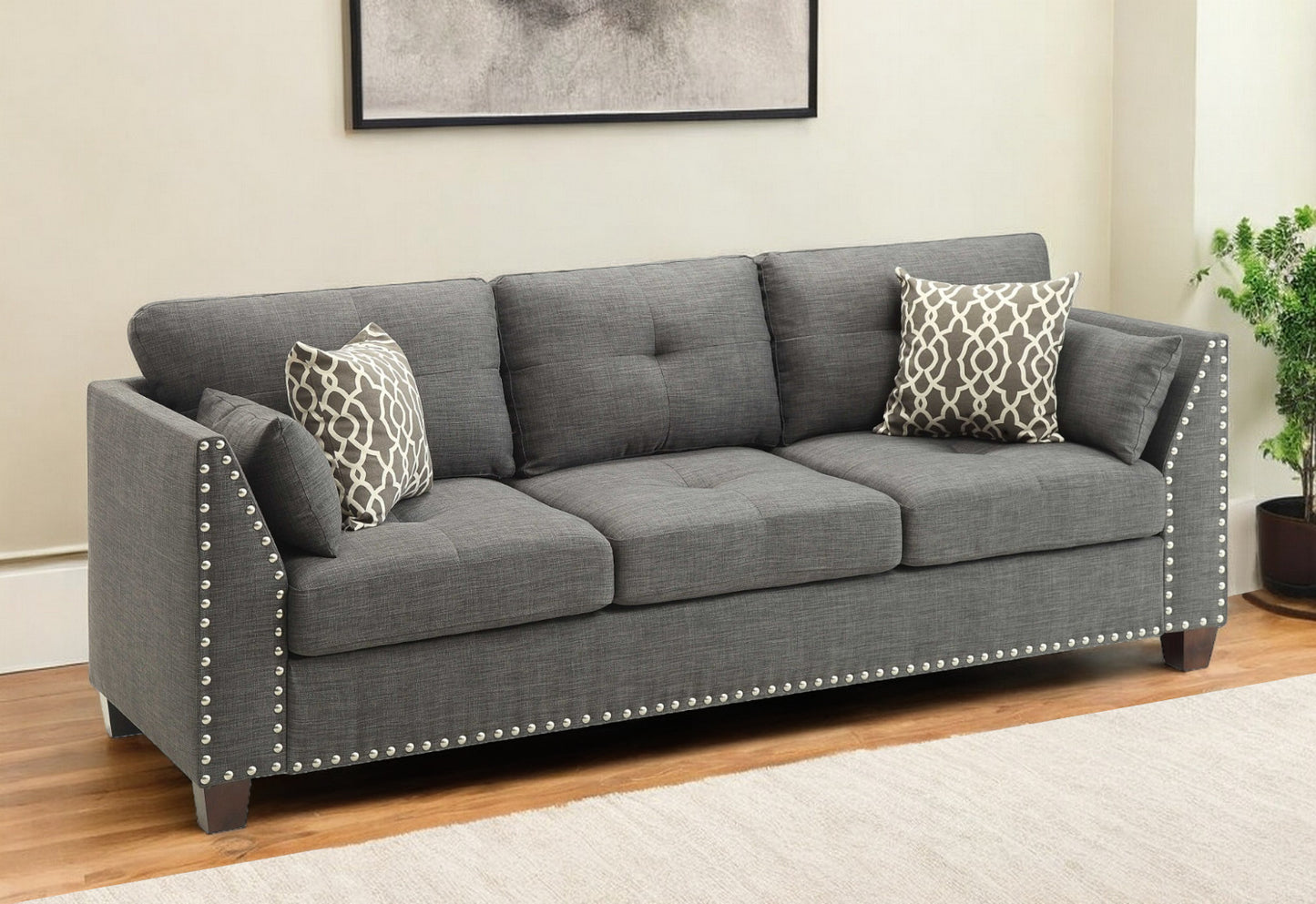 81" Charcoal Linen Sofa And Toss Pillows With Dark Brown Legs