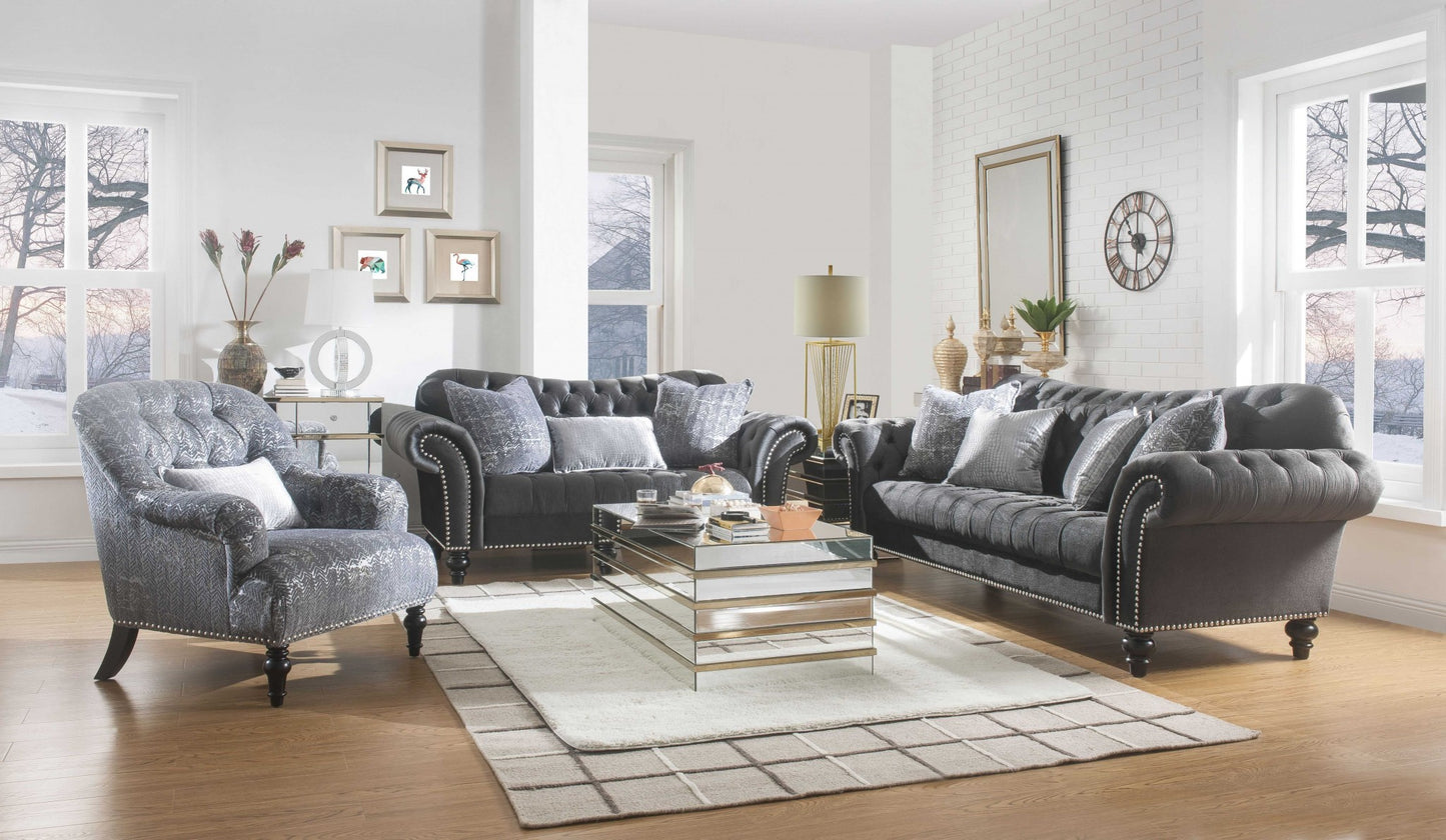 96" Dark Gray Velvet Chesterfield Sofa And Toss Pillows With Black Legs