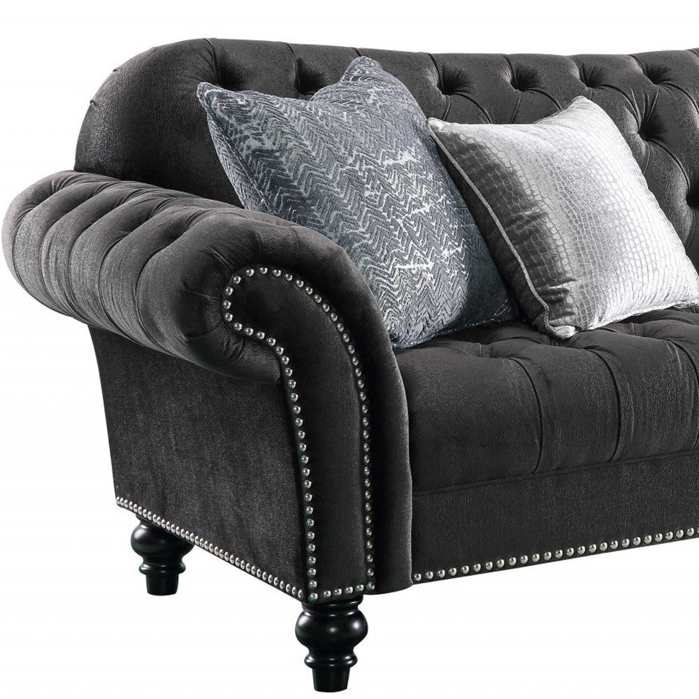 96" Dark Gray Velvet Chesterfield Sofa And Toss Pillows With Black Legs