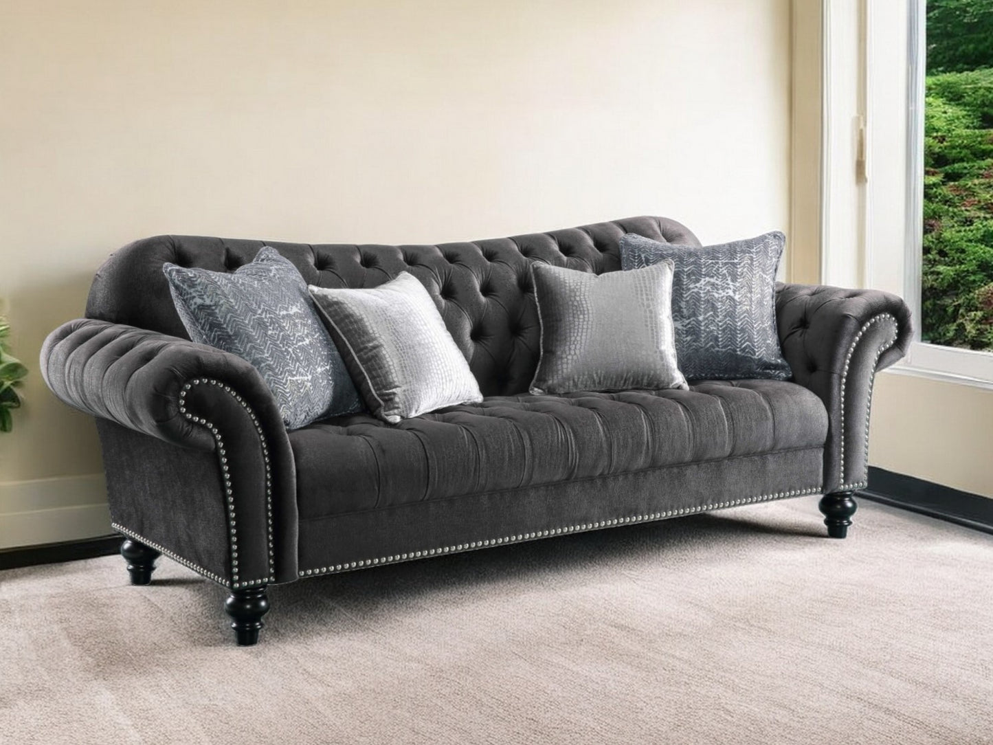 96" Dark Gray Velvet Chesterfield Sofa And Toss Pillows With Black Legs