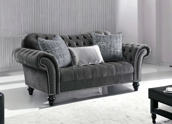 79 Gray And Black Velvet Loveseat and Toss Pillows