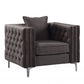 40" Dark Slate Gray And Silver Velvet Tufted Chesterfield Chair