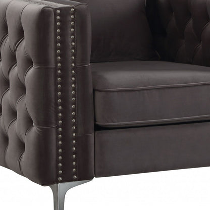 40" Dark Slate Gray And Silver Velvet Tufted Chesterfield Chair