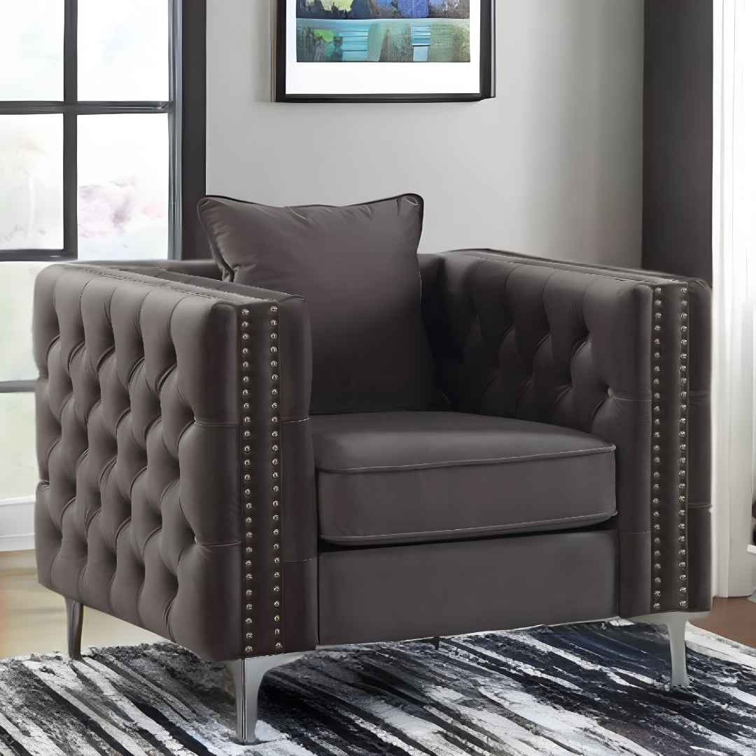 40" Dark Slate Gray And Silver Velvet Tufted Chesterfield Chair